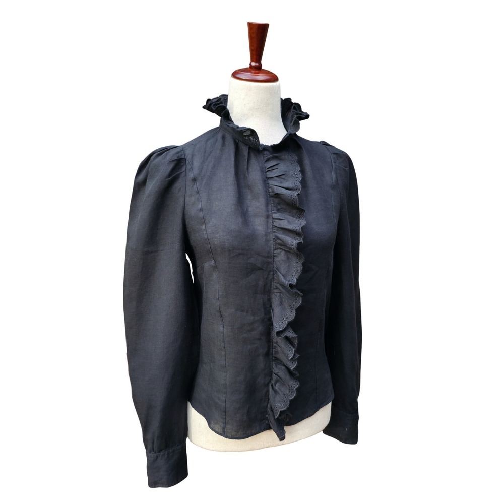 Isabel Marant Etoile Blouse Size S Black Ruffle Linen Peasant Quiet Luxury Boho